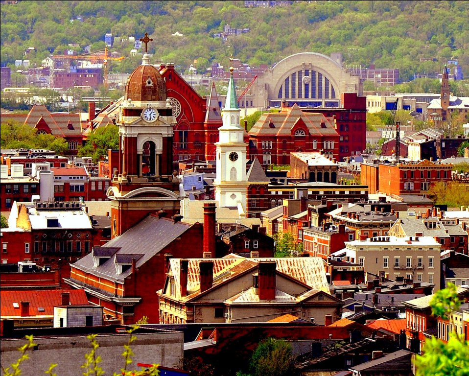 The Over the Rhine neighborhood with the Cincinnati Museum Center in the background.