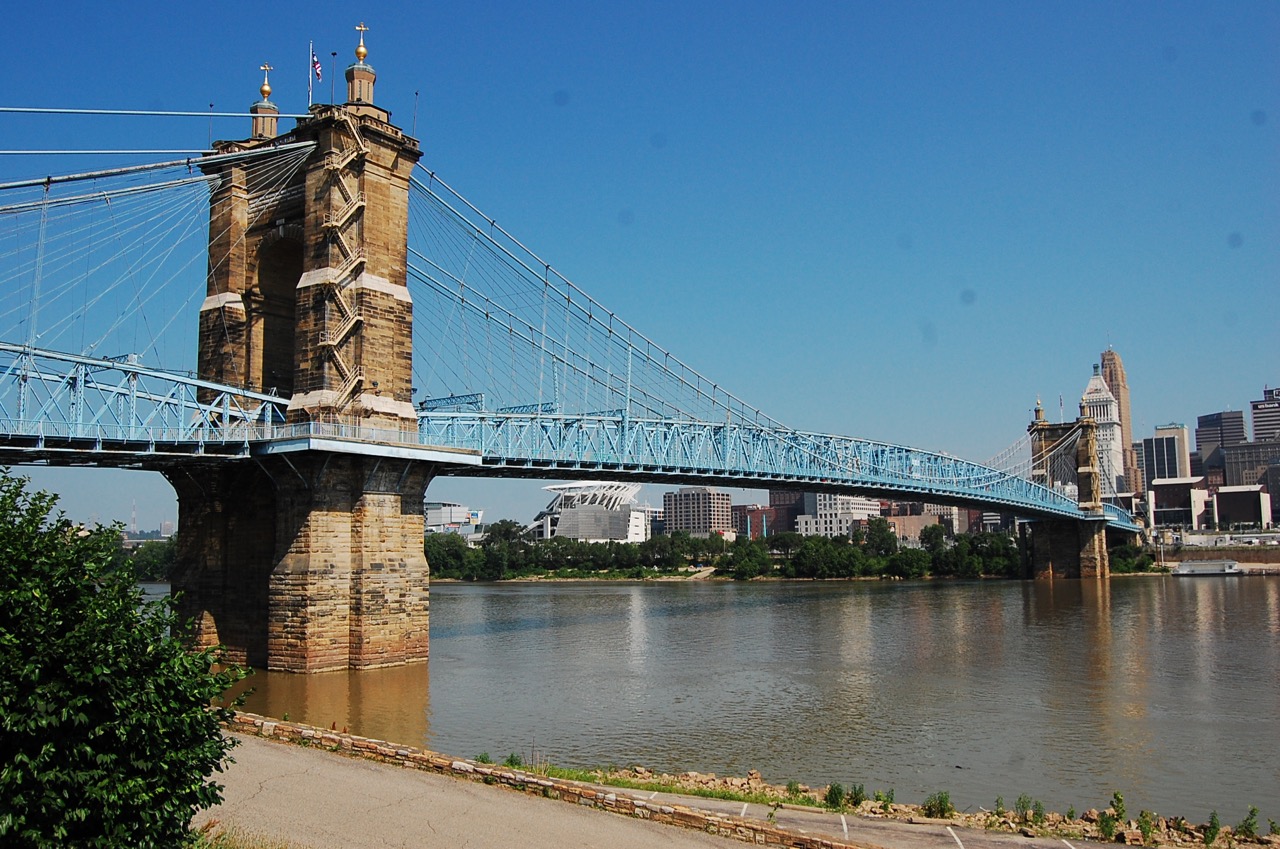 John A. Roebling Suspension Bridge connecting Cincinnati Ohio to Covington Kentucky over the Ohio River showing the historic cable suspension structure