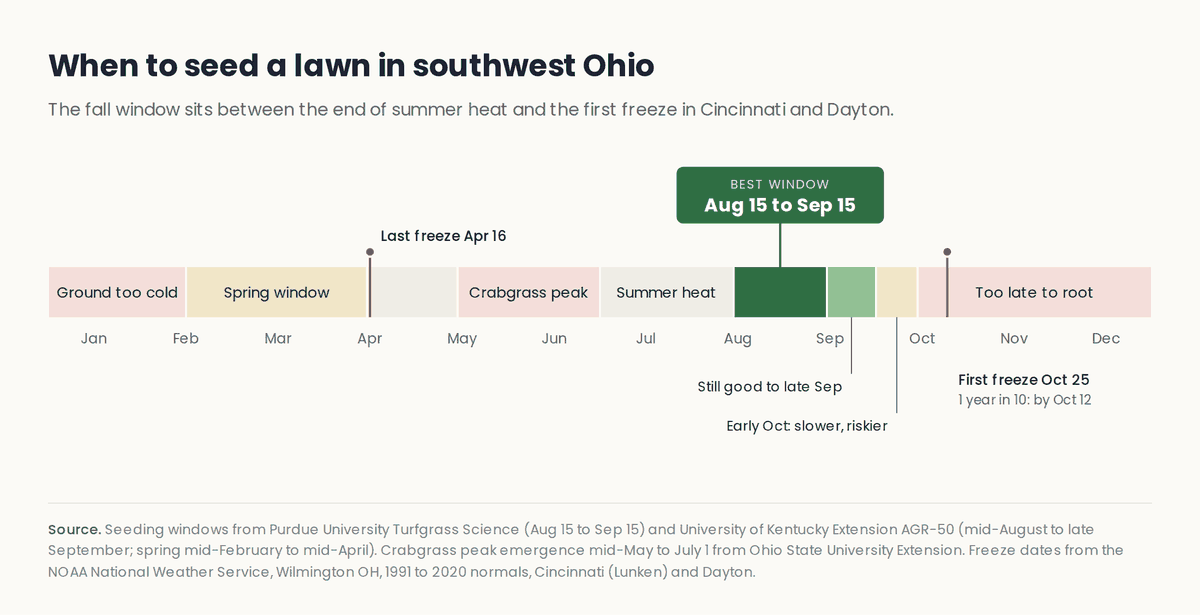 Timeline of the year for seeding a lawn in southwest Ohio, with the best window from August 15 to September 15 and the average first freeze on October 25