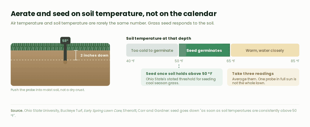 A soil cross section with a probe two inches down, beside a temperature scale marking 50 degrees Fahrenheit as the threshold at which cool season grass seed germinates